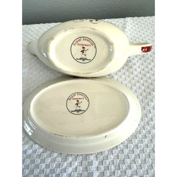 Royal Seasons Stoneware Snowman Scene Gravy/Sauce Boat & Drip Plate-Holidays EUC - Picture 6 of 7